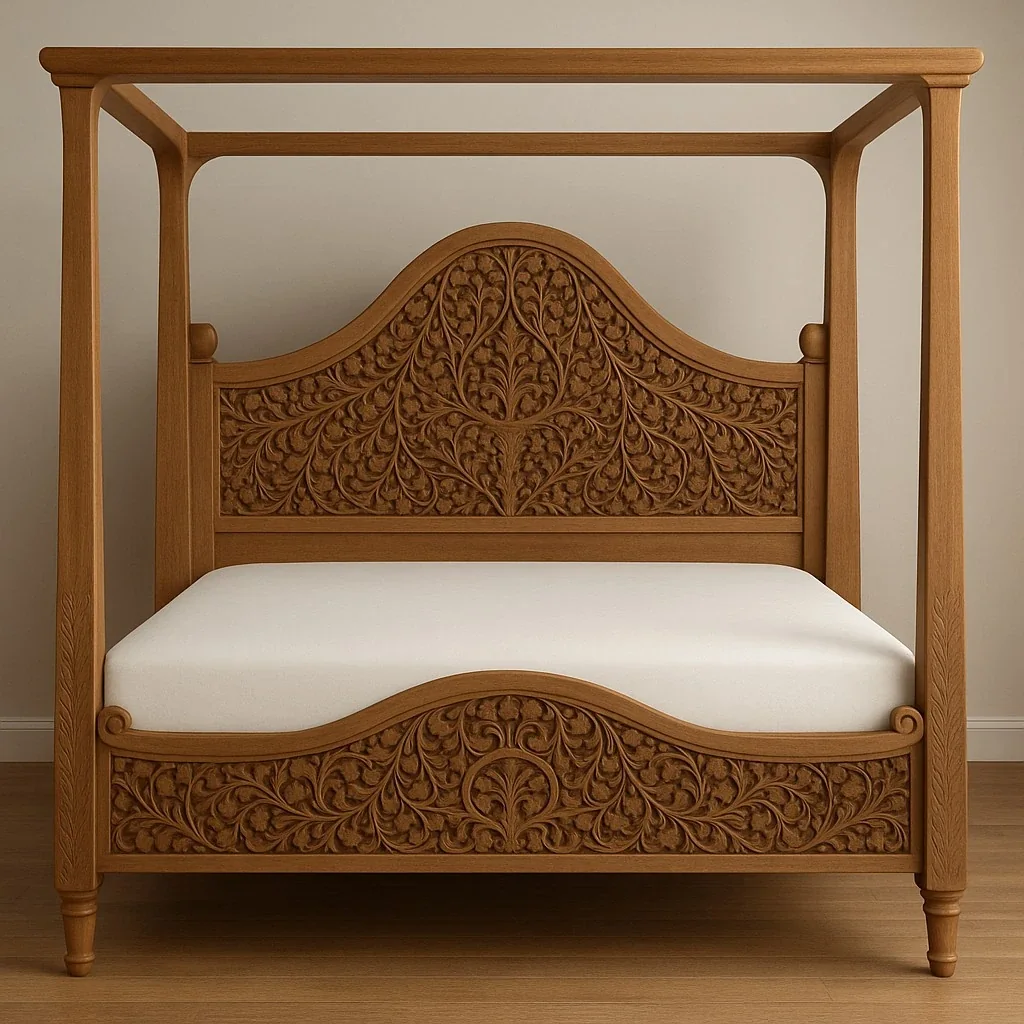 Hand-carved wooden canopy bed with an ornate headboard