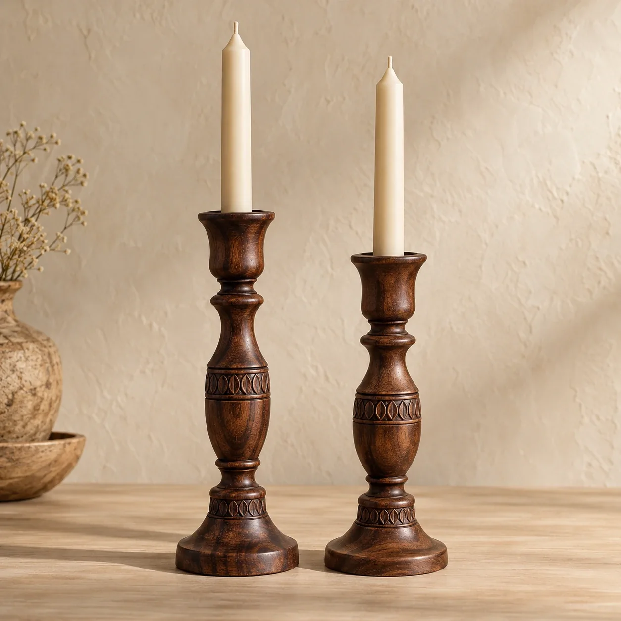 Pair of turned wooden candle stands