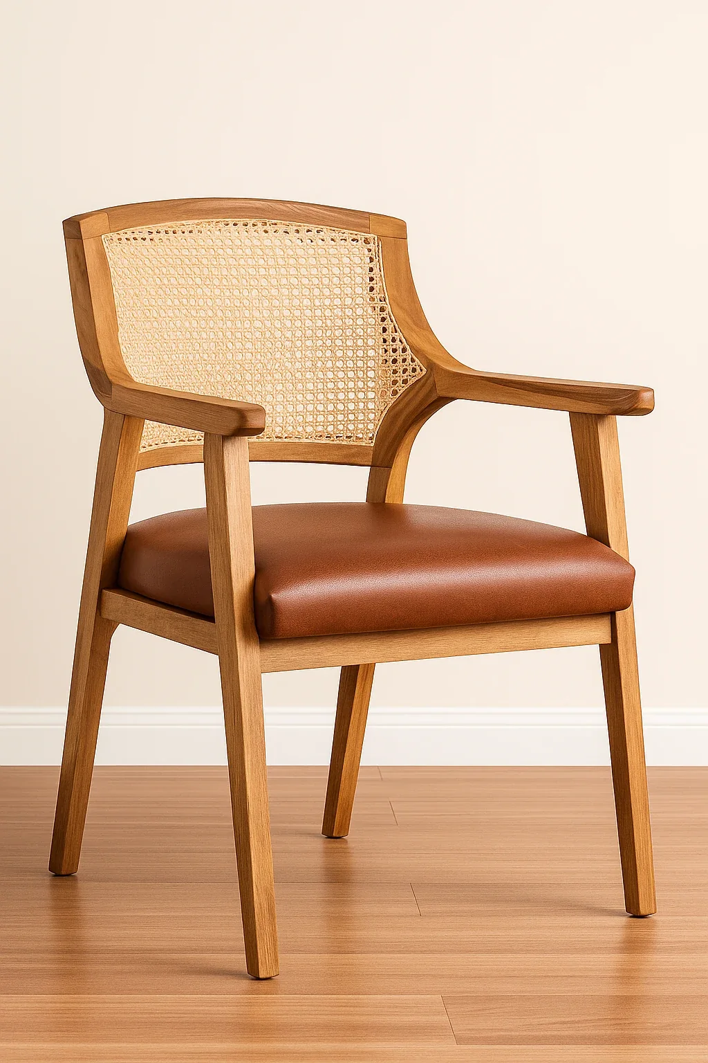 AI-generated concept of a wood-framed lounge chair with woven cane and leather seat
