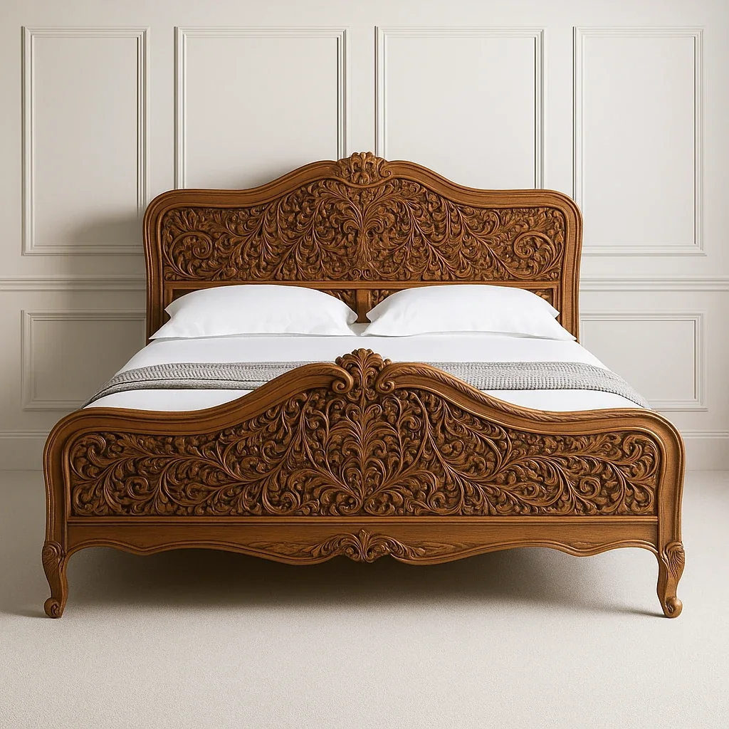 AI-generated concept of an ornate dark-wood bed with carved headboard and footboard
