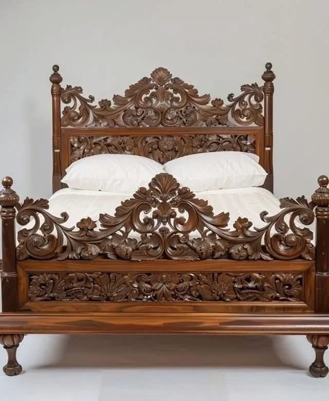 Photograph of a richly carved wooden bed with matching headboard and footboard