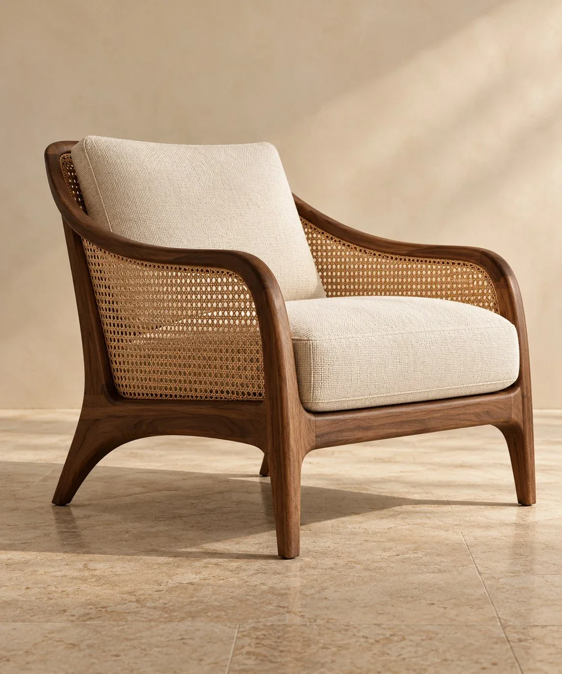 Sculptural accent chair with a warm wood frame