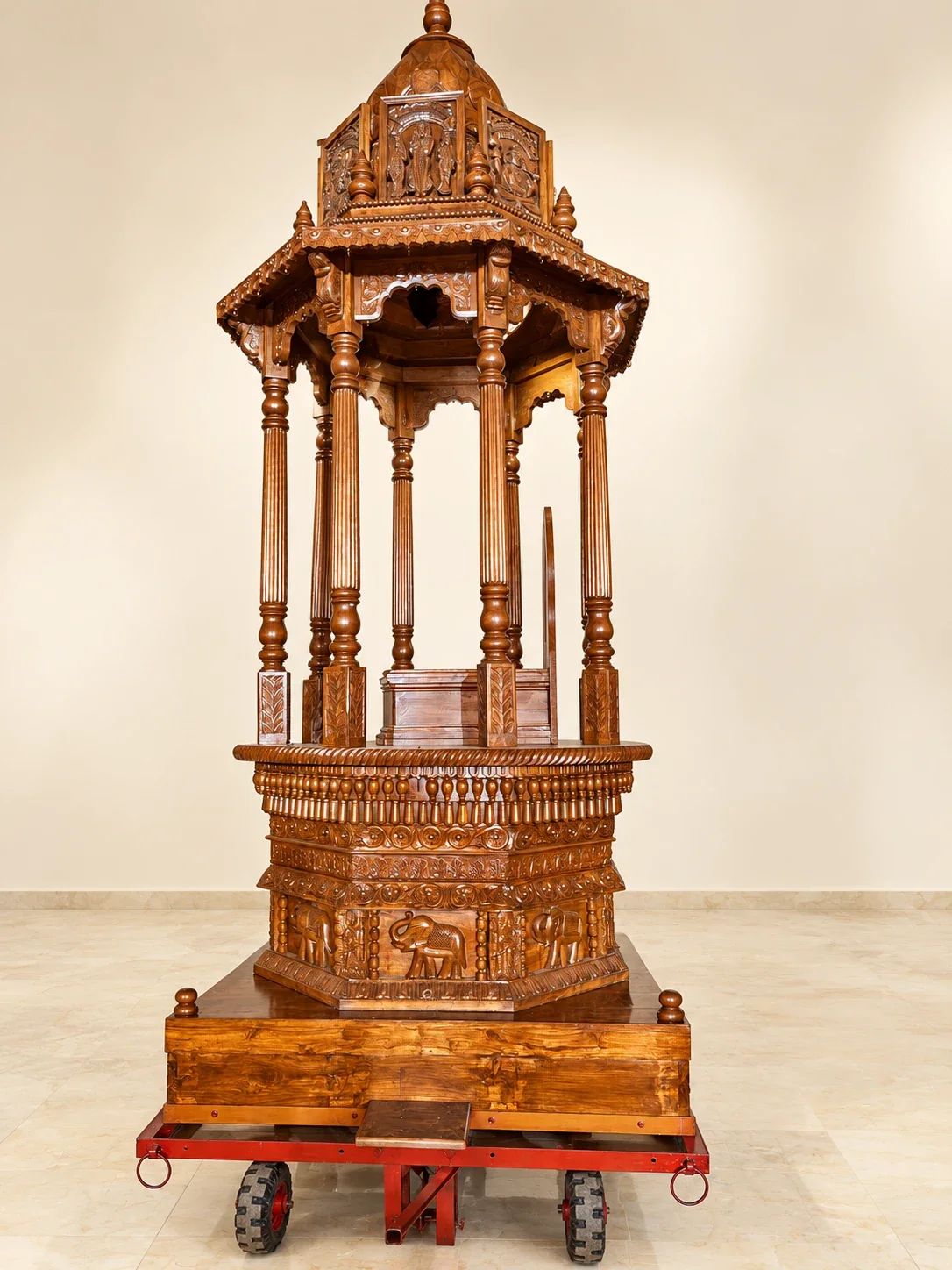 AI-enhanced presentation of a carved wooden temple chariot, based on a Kaguji project photograph