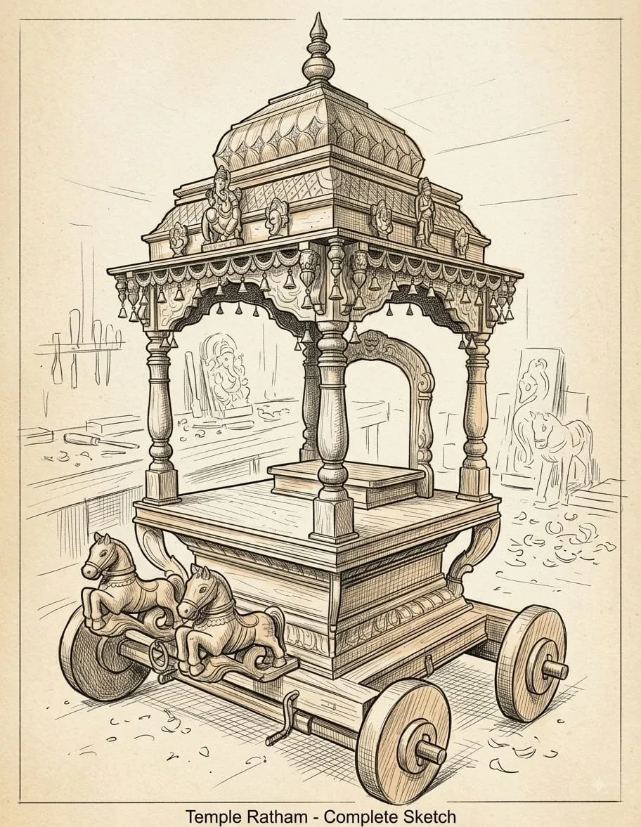 Hand-drawn design sketch for a temple ratham chariot