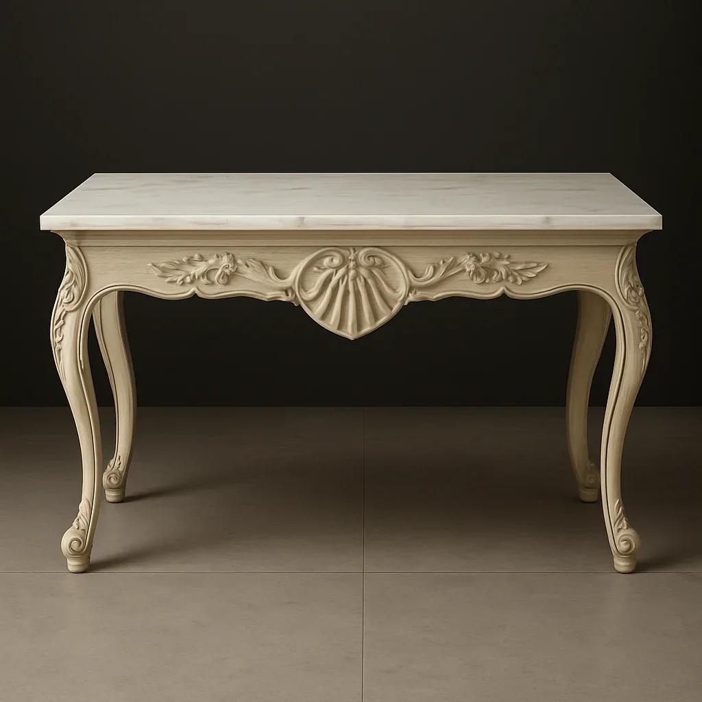AI-generated concept of a cream carved console table with curved legs