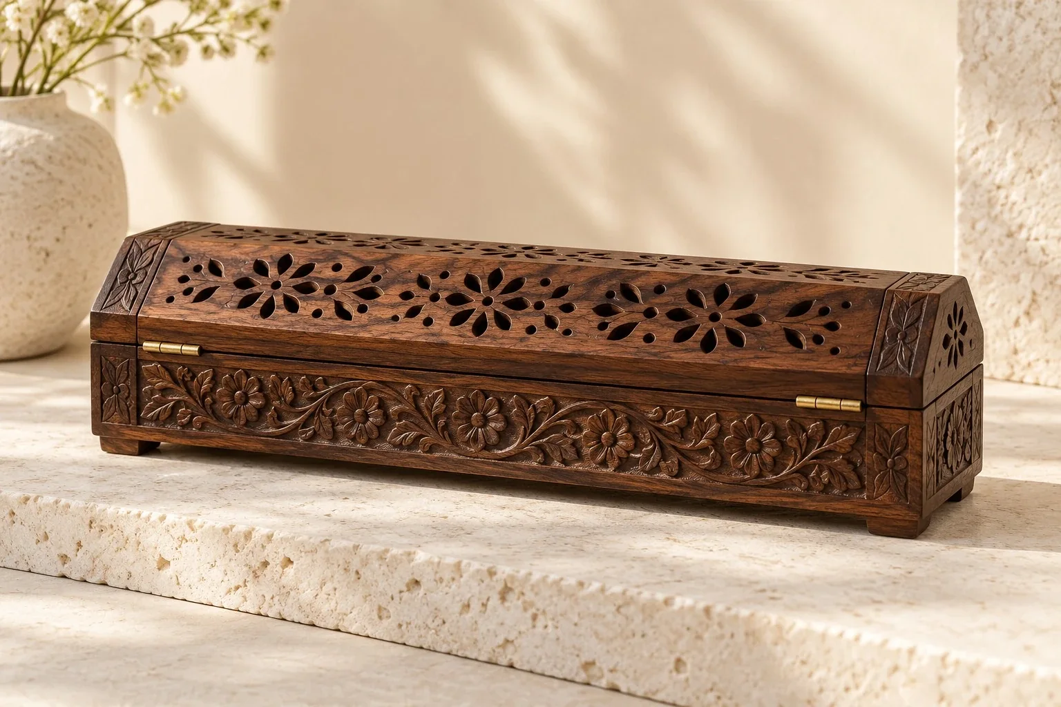Hand-carved wooden dhoop box with pierced ventilation details