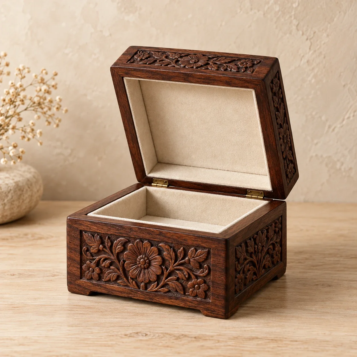 Carved wooden jewellery box with a soft-lined interior