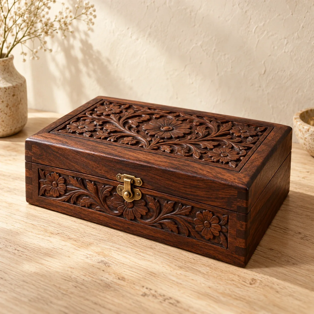 Hand-carved wooden keepsake box with brass latch