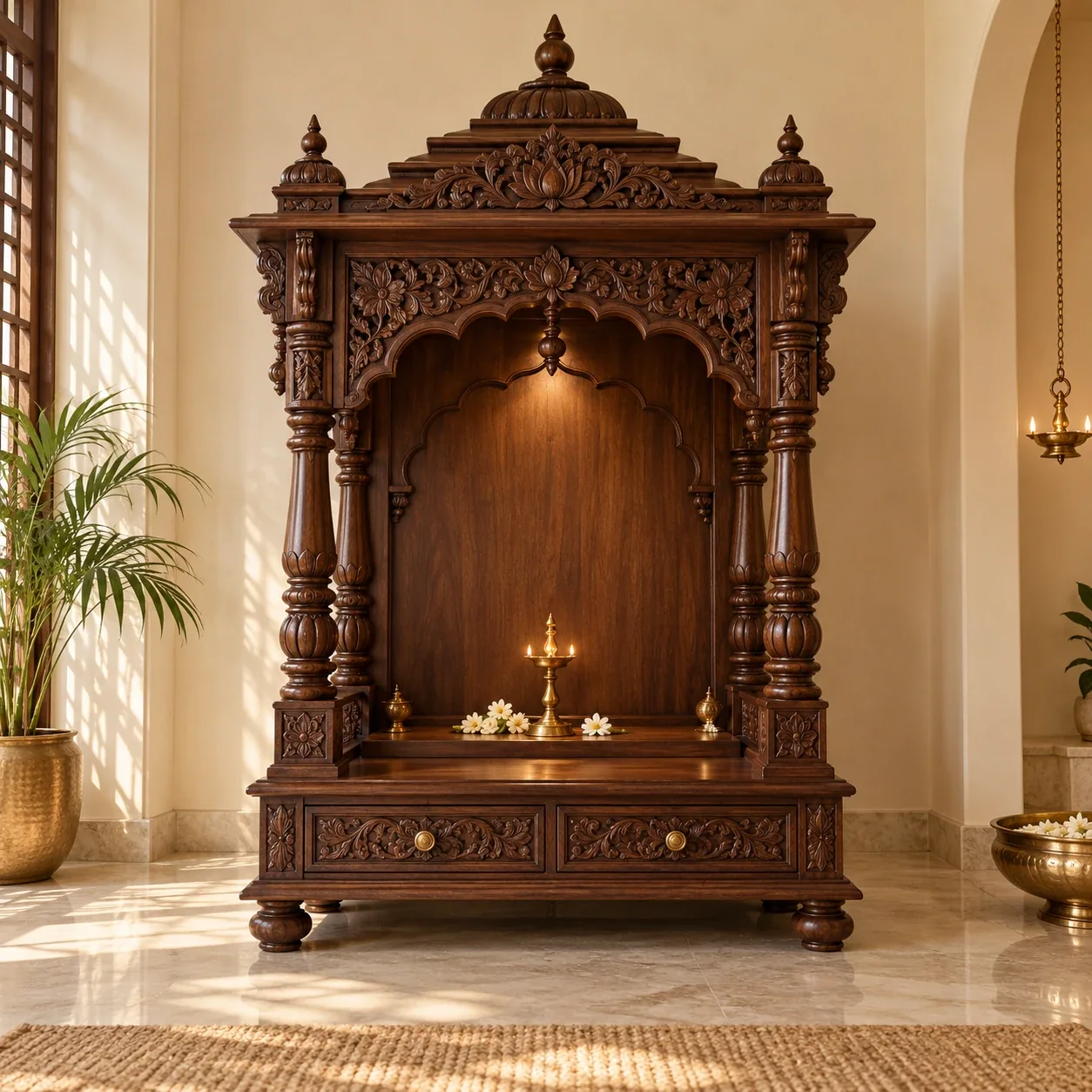 AI-generated concept for a carved wooden home mandir