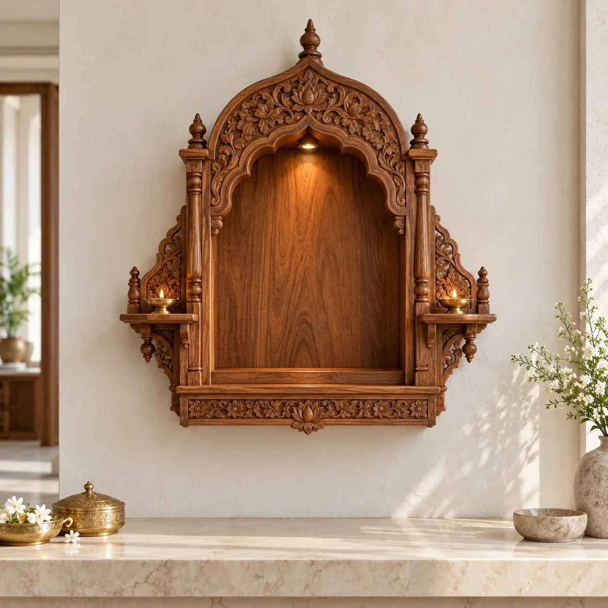 AI-generated concept of a carved wall-mounted wooden mandir