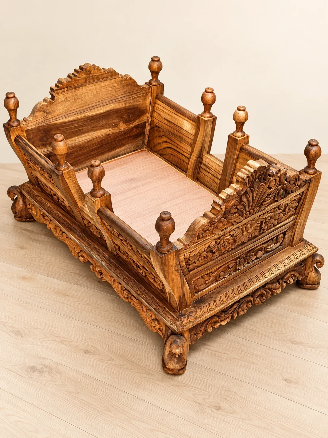 AI-enhanced presentation of a carved wooden palki, based on a Kaguji project photograph