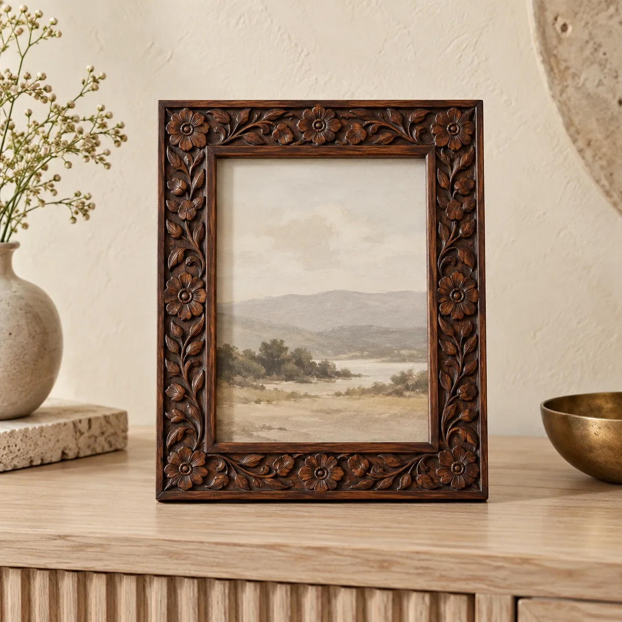 Carved wooden photo frame with glass and a landscape image