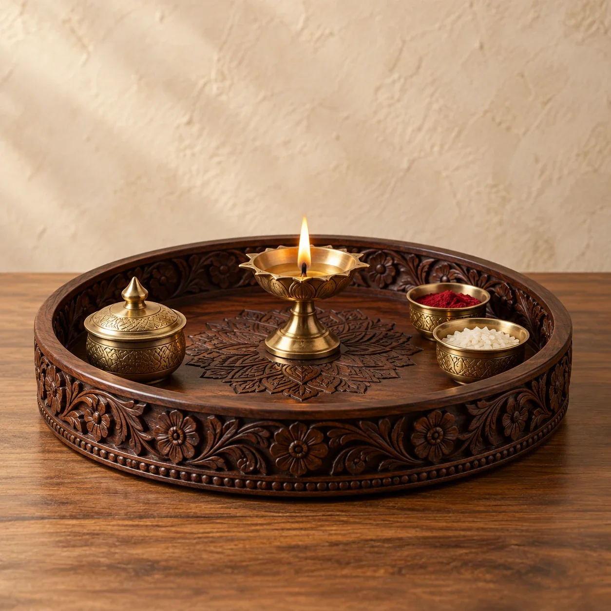 Ornately carved wooden puja thali with brass diya and bowls
