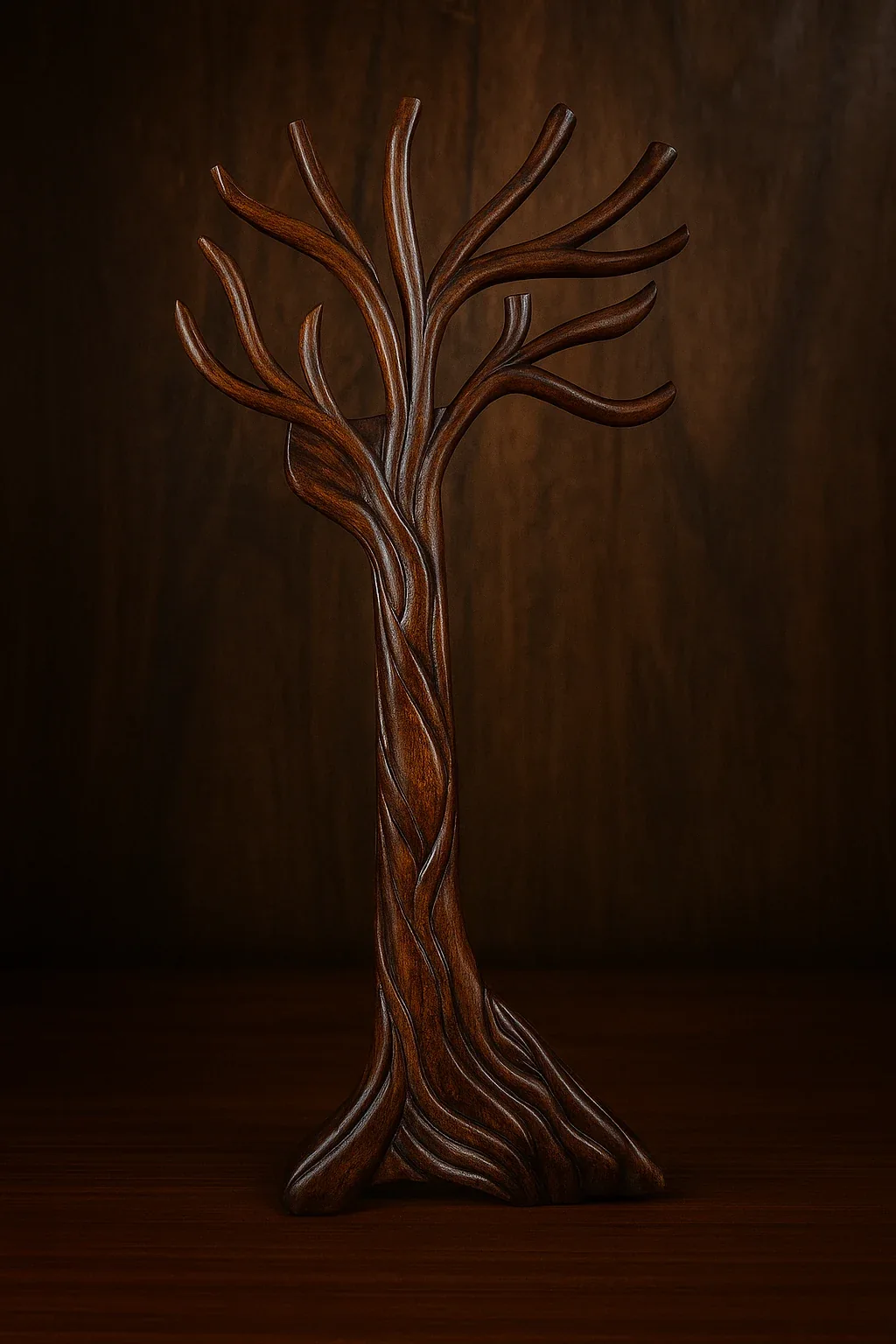 AI-generated concept of a sculptural carved wooden stand inspired by branching forms