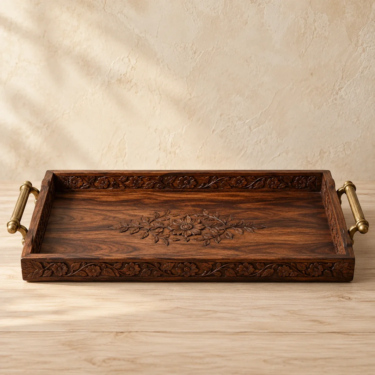 Hand-carved wooden serving tray with brass handles