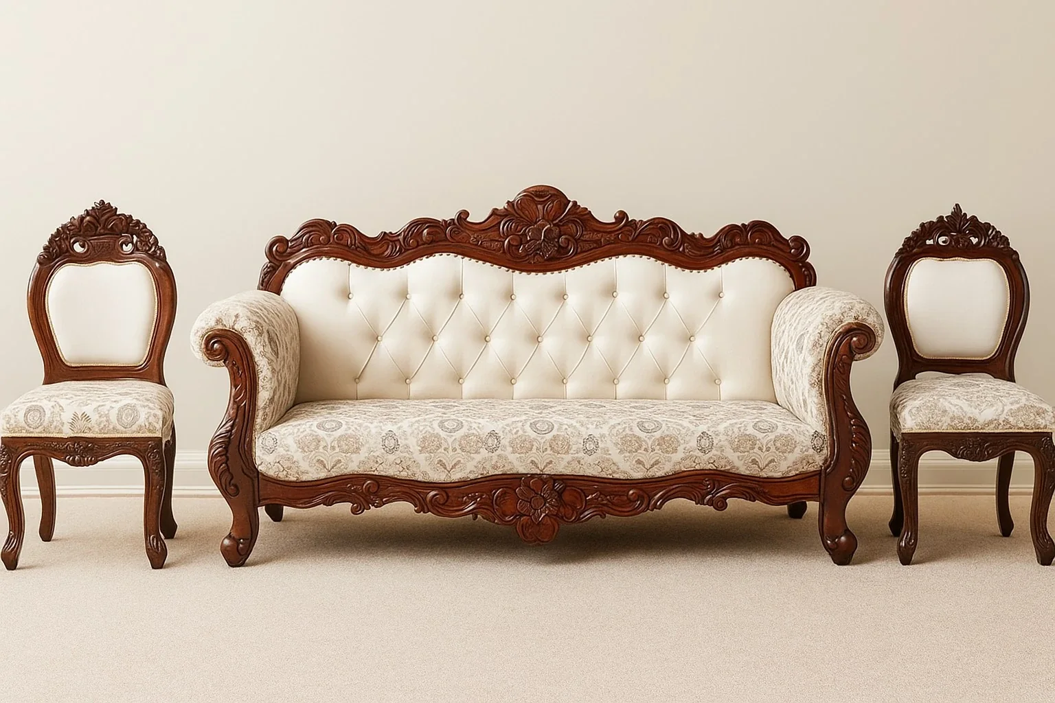 Heritage carved sofa with two matching armchairs