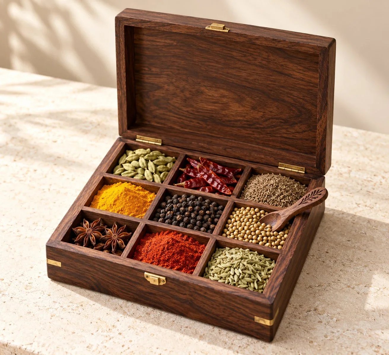 Handcrafted wooden masala spice box with separated compartments