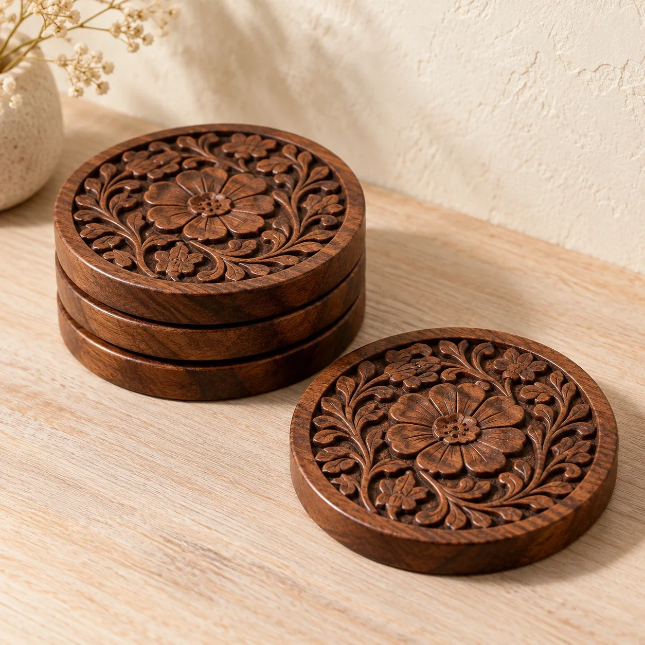 Set of hand-carved wooden coasters